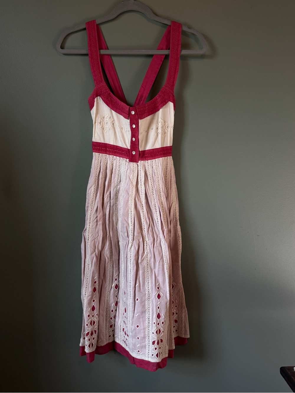 Vintage Anthropologie Pink and White Eyelet Dress by Viola - Size 2